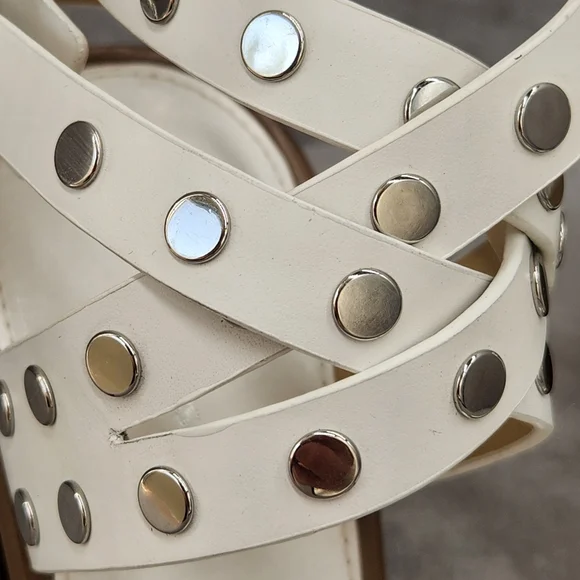 Michael Kors Heeled Sandals 7.5 White Woven Leather Irene Studded Silver New$195